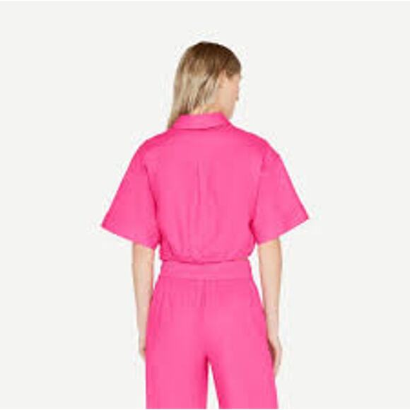 FRAME Denim Cropped Twist Front Shirt Linen Pink Flamingo LWSH2828-FLAM Small S - Picture 6 of 8